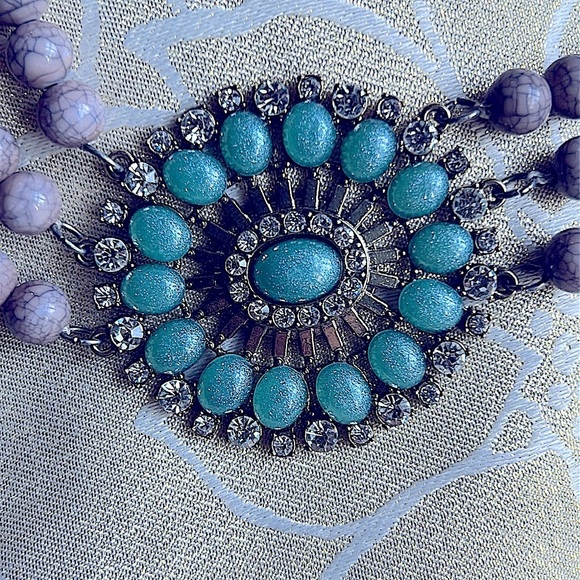 Gray Beaded Turquoise Rhinestones Gold Necklace 19” Center Pendant 2.5” - Picture 2 of 10